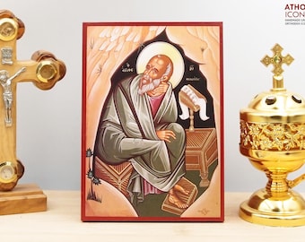 Saint Apostle John the Theologian in Cave of Apocalypse Icon Handmade Greek Orthodox Byzantine Wooden Wall Art Christian Religious Gift Home