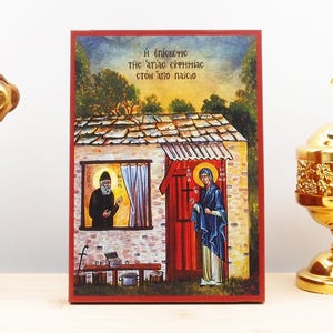 Saint Euphemia visiting Saint Paisios, Wooden Handmade Icon Greek Premium Byzantine Style Wall Hanging on Wood Plaque Religious Theme