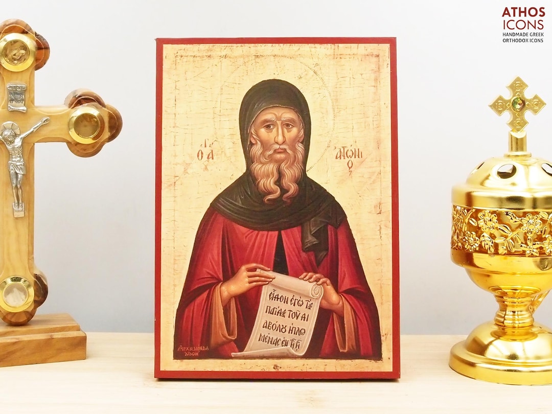 Saint Anthony the Great Icon Handmade Greek Orthodox Byzantine Wooden ...