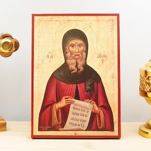 Saint Anthony the Great, Wooden Handmade Icon Greek Premium Byzantine Style Wall Hanging on Wood Plaque