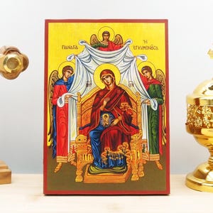 Holy Virgin Mary in Pregnancy, Wooden Handmade Icon Greek Premium Byzantine Style Wall Hanging on Wood Plaque Religious Theme