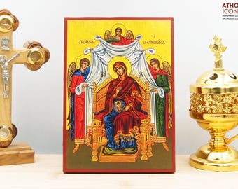 Holy Virgin Mary in Pregnancy, Wooden Handmade Icon Greek Premium Byzantine Style Wall Hanging on Wood Plaque Religious Theme