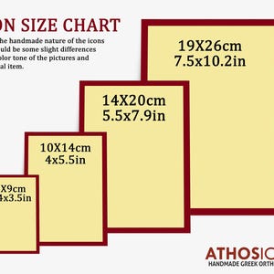 May include: Chart showing different sizes of handmade Greek Orthodox icons. The sizes are listed in both centimeters and inches. The smallest icon is 6x9 cm (2.4x3.5 in) and the largest is 19x26 cm (7.5x10.2 in).