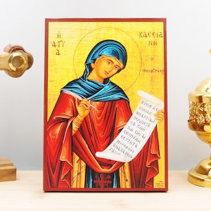 Saint Kassia “Kassiani” the Hymnographer, Wooden Handmade Icon Greek Premium Byzantine Style Wall Hanging on Wood Plaque