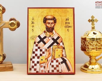 Saint Augustine of Hippo Orthodox Icon, Handmade Wooden Byzantine Greek Religious Wall Art