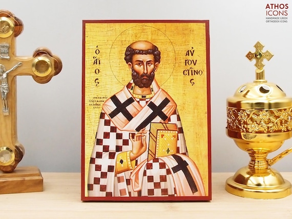 Saint Augustine of Hippo Orthodox Icon, Handmade Wooden Byzantine Greek Religious Wall Art