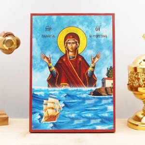 Holy Virgin Mary the Mermaid, Wooden Handmade Icon Greek Premium Byzantine Style Wall Hanging on Wood Plaque Religious Theme