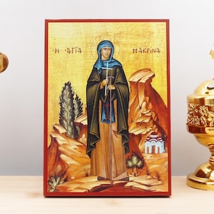 Saint Macrina the Younger, Wooden Handmade Icon Greek Premium Byzantine Style Wall Hanging on Wood Plaque
