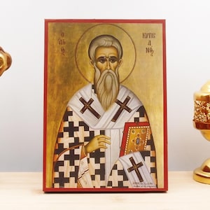 Saint Cyprian “Cyprianus”, Wooden Handmade Icon Greek Premium Byzantine Style Wall Hanging on Wood Plaque