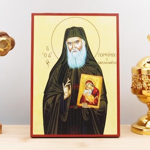 Saint Porphyrios of Kafsokalivia, Wooden Handmade Icon Greek Premium Byzantine Style Wall Hanging on Wood Plaque