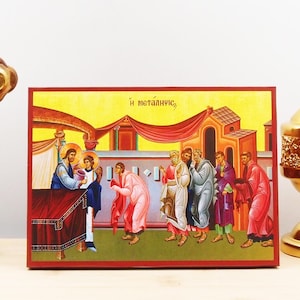 Eucharist Communion of the Blood of Jesus Christ Metalipsis, Wooden Handmade Icon Greek Premium Byzantine Style Wall Hanging on Wood Plaque