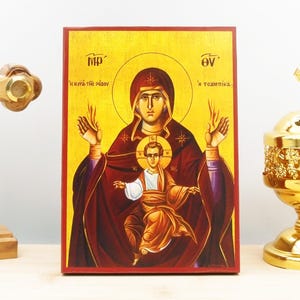 Holy Virgin Mary Tsampika the Lady of Rhodes with Jesus, Wooden Handmade Icon Greek Premium Byzantine Style Wall Hanging on Wood Plaque