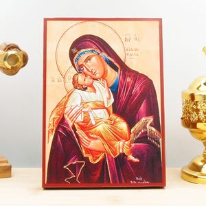 Holy Virgin Mary Sweet Kiss “Glykophilousa” with Jesus, Wooden Handmade Icon Greek Premium Byzantine Style Wall Hanging on Wood Plaque