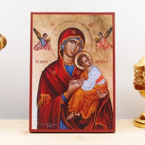 Holy Virgin Mary Immaculate “Amolyntos” with Jesus, Wooden Handmade Icon Greek Premium Byzantine Style Wall Hanging on Wood Plaque Religious