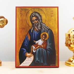 Saint Symeon the God-Receiver, Wooden Handmade Icon Greek Premium Byzantine Style Wall Hanging on Wood Plaque