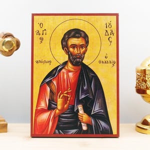 Saint Apostle Jude Thaddaeus, Wooden Handmade Icon Greek Premium Byzantine Style Wall Hanging on Wood Plaque Religious Theme