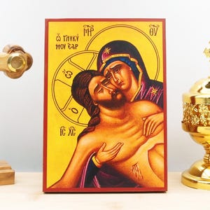 Extreme Humility of Jesus Christ &quot;Man of Sorrows&quot; with Virgin Mary : Wooden Handmade Premium Greek Byzantine Orthodox Icon