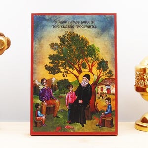 Saint Paisios Admonishes the Pilgrims, Wooden Handmade Icon Greek Premium Byzantine Style Wall Hanging on Wood Plaque Religious Theme