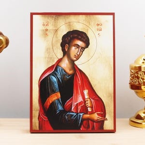 Saint Apostle Thomas, Wooden Handmade Icon Greek Premium Byzantine Style Wall Hanging on Wood Plaque Religious Theme