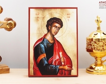 Saint Apostle Thomas, Wooden Handmade Icon Greek Premium Byzantine Style Wall Hanging on Wood Plaque Religious Theme