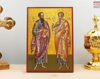Saint Apostles Paul and Peter FullBody Icon Handmade Greek Orthodox Byzantine Wooden Wall Art Christian Religious Gift Home Decor