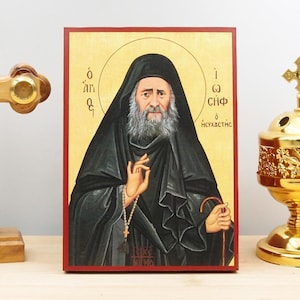 Saint Joseph the Hesychast Icon Handmade Greek Orthodox Byzantine Wooden Wall Art Christian Religious Gift Home Decor