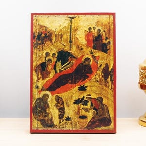 Genesis of Jesus Christ Old Style, Wooden Handmade Icon Greek Premium Byzantine Style Wall Hanging on Wood Plaque Orthodox Religious Theme