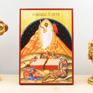 Resurrection of Jesus Christ detail, Wooden Handmade Icon Greek Premium Byzantine Style Wall Hanging on Wood Plaque Orthodox Religious Theme