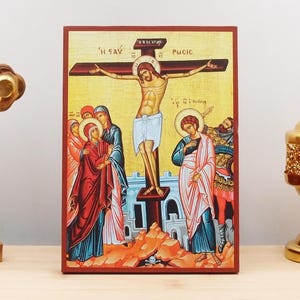 Crucifixion of Jesus Christ, Wooden Handmade Icon Greek Premium Byzantine Style Wall Hanging on Wood Plaque Orthodox Religious Theme