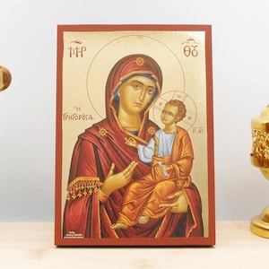 Virgin Mary Hodegitria &quot;Gregorousa&quot; with Jesus, Wooden Handmade Icon with Gold Foil Greek Premium Byzantine Style Wall Hanging