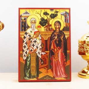 Saints Cyprian and Justina, Wooden Handmade Icon Greek Premium Byzantine Style Wall Hanging on Wood Plaque Religious Theme
