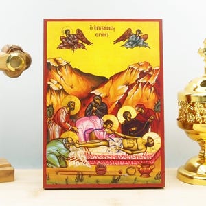Jesus Christ Threnody on the Tomb &quot;Epitaphios Thrinos&quot; : Wooden Handmade Premium Greek Byzantine Orthodox Icon