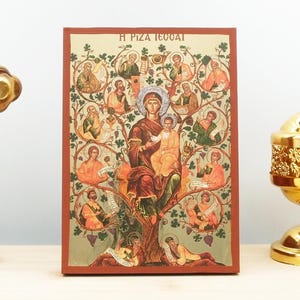 Virgin Mary The Tree of Jesse, Wooden Handmade Icon with Gold Foil Greek Premium Byzantine Style Wall Hanging on Wood Plaque