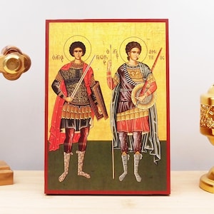 Saints George and Demetrios, Wooden Handmade Icon Greek Premium Byzantine Style Wall Hanging on Wood Plaque