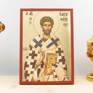 Saint Eleutherius of Illyria, Wooden Handmade Icon with  Gold Foil Greek Premium Byzantine Style Wall Hanging Religious Theme