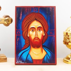 Jesus Christ Aged Portrait, Wooden Handmade Icon Greek Premium Byzantine Style Wall Hanging on Wood Plaque Religious Theme