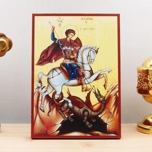 Saint George and the Dragon, Wooden Handmade Icon Greek Premium Byzantine Style Wall Hanging on Wood Plaque