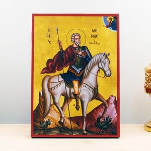 Saint Menas of Egypt on Horseback, Wooden Handmade Icon Greek Premium Byzantine Style Wall Hanging on Wood Plaque