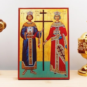 Saints Constantine and Helena, Wooden Handmade Icon Greek Premium Byzantine Style Wall Hanging on Wood Plaque