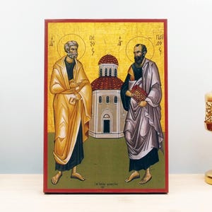Saints Apostles Paul and Peter with Church, Wooden Handmade Icon Greek Premium Byzantine Style Wall Hanging on Wood Plaque Religious Theme