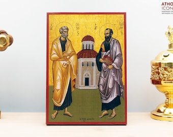 Saints Apostles Paul and Peter with Church, Wooden Handmade Icon Greek Premium Byzantine Style Wall Hanging on Wood Plaque Religious Theme