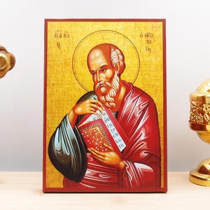 Saint Apostle John the Theologian and Evangelist, Wooden Handmade Icon Greek Premium Byzantine Style Wall Hanging on Wood Plaque Religious