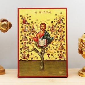 Jesus Christ with Apostles on the Vine &quot;Ampelos&quot;, Wooden Handmade Icon Greek Premium Byzantine Style Wall Hanging on Wood Plaque Religious