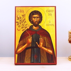 Saint Euphrosynus the Cook of Alexandria, Wooden Handmade Icon Greek Premium Byzantine Style Wall Hanging on Wood Plaque