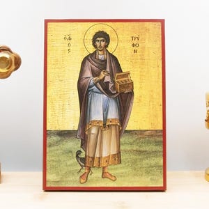 Saint Tryphon of Campsada, Wooden Handmade Icon Greek Premium Byzantine Style Wall Hanging on Wood Plaque