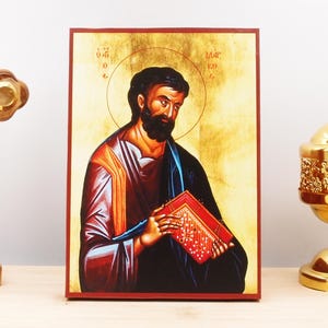 Saint Apostle Mark the Evangelist, Wooden Handmade Icon Greek Premium Byzantine Style Wall Hanging on Wood Plaque Religious Theme