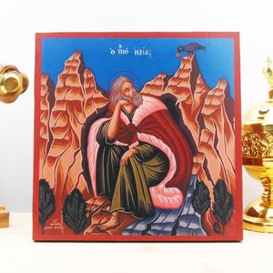 Saint Prophet Ellias or Elijah Elias on Mount Horeb, Wooden Handmade Icon Greek Premium Byzantine Style Wall Hanging on WoodPlaque Religious