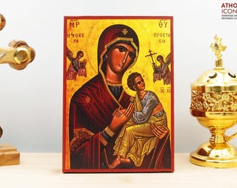 Holy Virgin Mary Awesome Protection Fovera Prostasia Icon Handmade Greek Orthodox Byzantine Wooden Wall Art Christian Religious Gift Decor