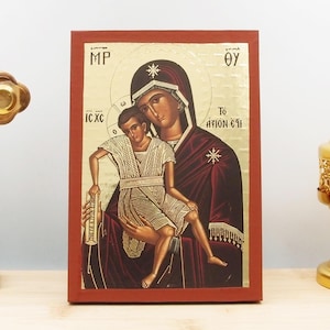 Virgin Mary Axion Estin with Jesus, Wooden Handmade Icon with Gold Foil Engraving Greek Premium Byzantine Style Wall Hanging on Wood Plaque