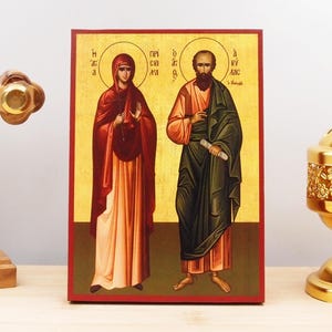 Saints Priscilla and Aquila, Wooden Handmade Icon Greek Premium Byzantine Style Wall Hanging on Wood Plaque
